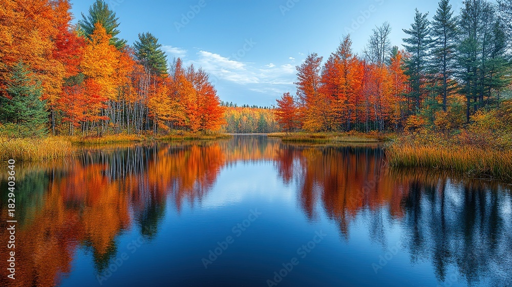 Fototapeta premium Autumn Lake Colorful Forest Reflection Background (Colorful Autumn Leaves + Clear Lake Surface) Natural Decoration Design Background