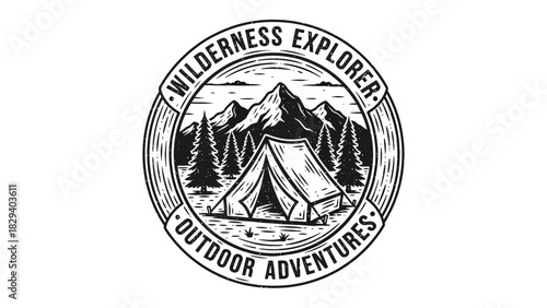 Vintage camping patch tent mountains forest logo