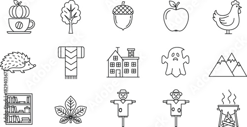 Autumn season icons, harvest, Halloween, nature, cozy symbols, black line style, grid vector illustration