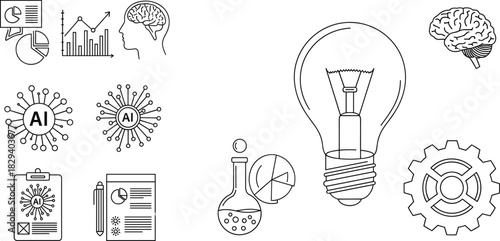Artificial intelligence, neuroscience, data analysis, scientific research, innovation, charts, lab tools, black line vector illustration