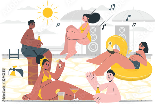 Summer pool party with friends enjoying drinks, music, and sunshine by the water on inflatables