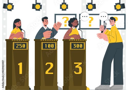 Quiz competition with contestants and host on stage with spotlights