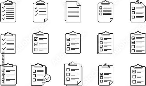 Clipboard checklist icons, task management symbols, productivity UI elements, black line style, grid vector illustration