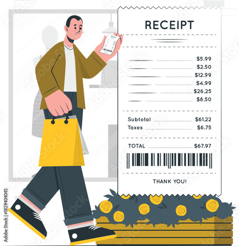 Man checking shopping receipt and carrying bags after successful purchase