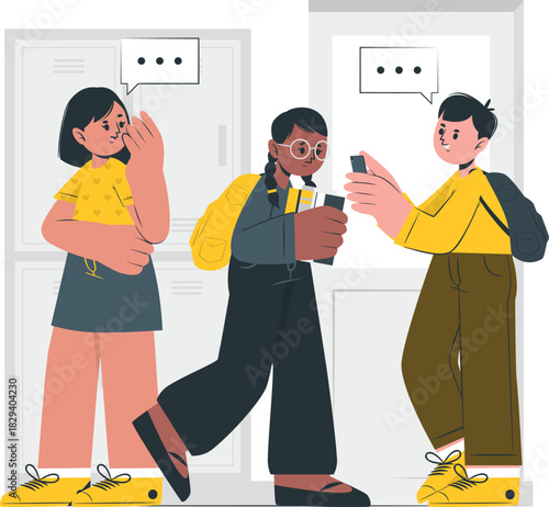 Illustrating the blend of traditional peer communication and modern digital interaction among diverse students in a bustling educational environment