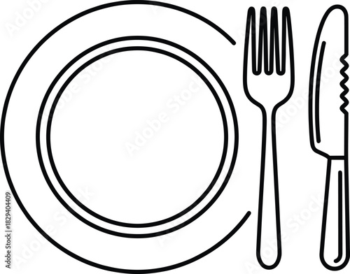 Plate and cutlery outline icon, simple fork and knife set, restaurant dining symbol, kitchen vector illustration