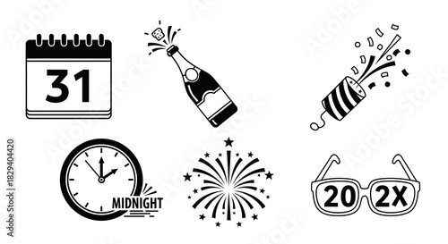 New Year's Eve Festive Celebration Vector Icons Set for Parties and Countdown. Graphic Elements for Holiday Designs and Event Invitations