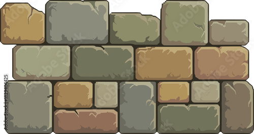 Rustic brick wall, stone blocks, staggered masonry pattern, natural tones, architectural texture, construction design, vector illustration