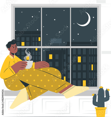 Nighttime Window Scene A Relaxing Moment with Coffee Under the Moon