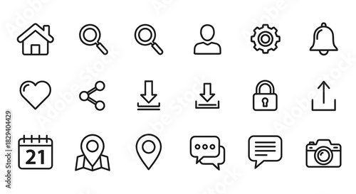 Modern collection of essential UI line vector icons for web design, mobile applications, and digital interfaces. Versatile symbols for navigation, communication, and utility