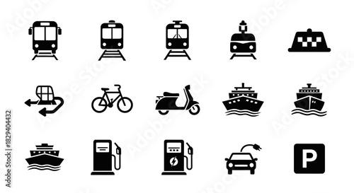 Diverse black and white transportation and travel industry vector icon set, ideal for depicting various transit modes, urban mobility, and essential fuel services in modern graphic designs