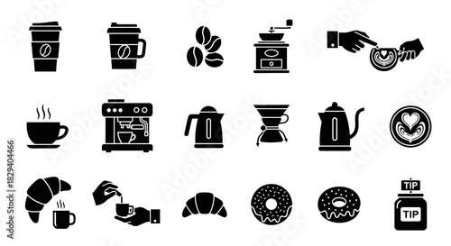 A curated collection of black and white vector icons representing coffee, hot beverages, breakfast foods, and brewing tools, suitable for various design applications