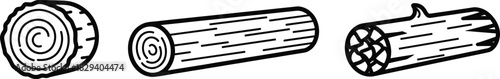 Stylized log icons, wood grain patterns, tree rings, cartoon timber forms, black line style, vector illustration