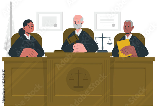 Judges in robes sitting at a courtroom bench, presiding over legal proceedings with gavels and law books