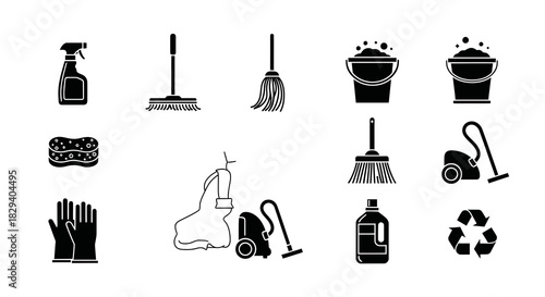 Set of vector icons related to cleaning tools and supplies for household chores