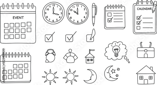 Time management icons, calendar, clocks, checklist, planner tools, productivity symbols, daily routine elements, vector illustration