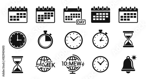 Comprehensive vector icon pack for time management and scheduling, featuring clocks, calendars, and timers in a clean, professional style for digital interfaces