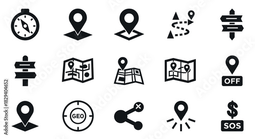 Navigation Icons Vector Set Direction, Location, Route, Map, and Guide Elements for Digital Design