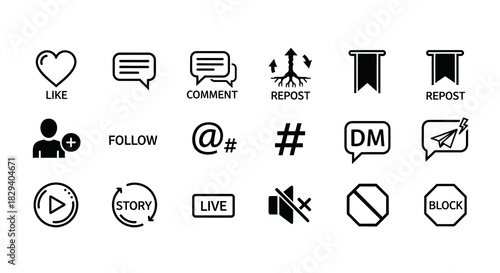 Social media icon set vector, including like, comment, repost, follow, story, live, and DM icons, perfect for web and app design