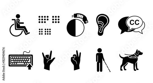 A comprehensive set of black disability and accessibility vector icons for universal design and communication support