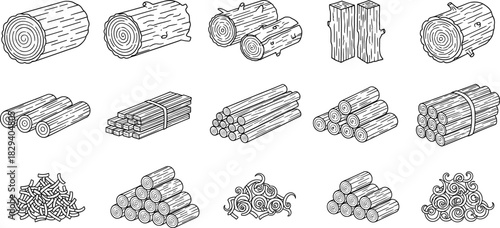 Wood and lumber grid, log bundles, planks, nails, shavings, forestry icons, black line style, vector illustration