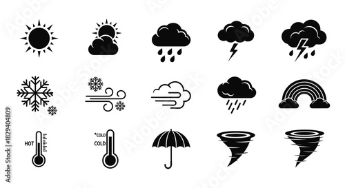 Essential weather forecast vector icon set illustrating sun, rain, snow, wind, and temperature for clear meteorological graphic design projects