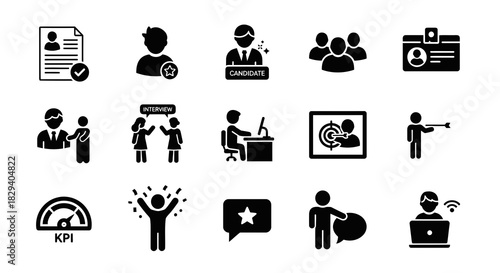 Job Search and Career Growth Vector Icons Set Recruitment, Interview, KPI, and Success