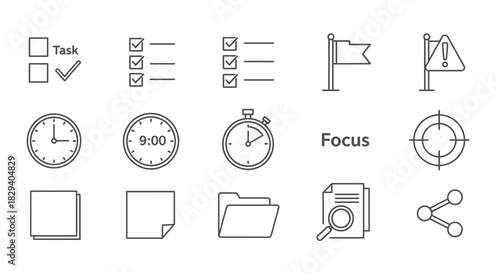Focus and Task Management Vector Icon Set for Time, Files, and Checklists