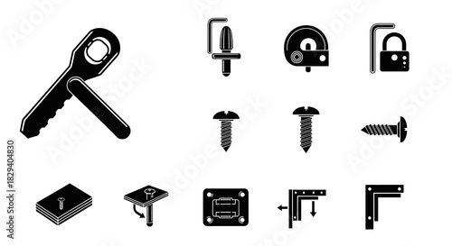 Set of vector icons depicting various essential hardware, construction tools, and fastening elements in a clean, silhouette style for graphic design projects