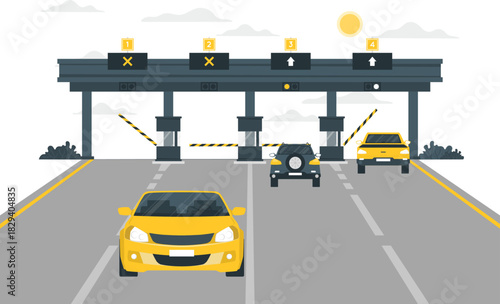 Modern highway toll booth system with vehicles passing through electronic payment gates under a bright sun, illustrating efficient road infrastructure and streamlined travel