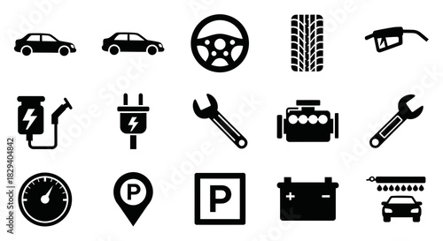 Comprehensive Automotive Service and Electric Vehicle Icon Collection Vector Set - Essential Symbols for Car Maintenance, Repair, and Transportation Needs