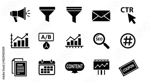 Comprehensive vector icon set for digital marketing, business analytics, and SEO strategy
