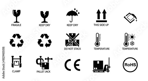 Shipping and Handling Icons Vector Set - Fragile, Temperature, and Safety Symbols