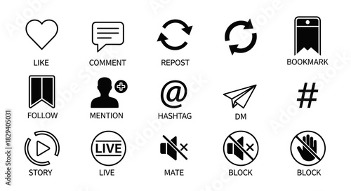Social Media Icons Vector Set for Likes, Comments, Follow, Story, Live, and More