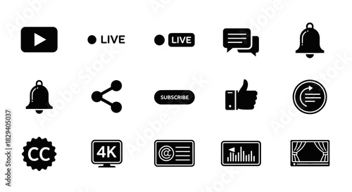 Dynamic vector set of live streaming and social media icons. Comprehensive graphic elements for video platforms, content sharing, and digital engagement interfaces