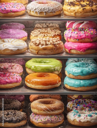 Wallpaper Mural assortment of colorful doughnuts with various glazes and toppings arranged in a bakery display case fresh sweet pastries ideal for food advertising branding and editorial use Torontodigital.ca
