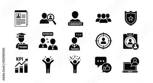 Comprehensive vector icon set for human resources, staff management, and corporate business processes