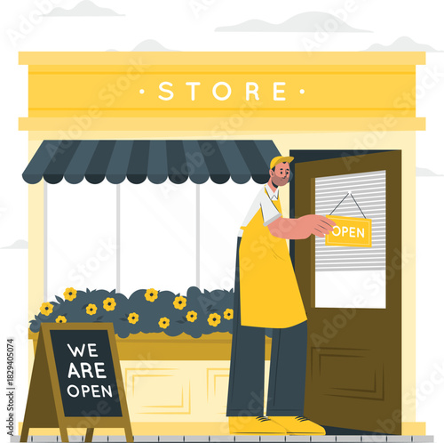 Storefront Illustration of a Shopkeeper Opening for Business A Welcoming Scene with Flowers and an Open Sign