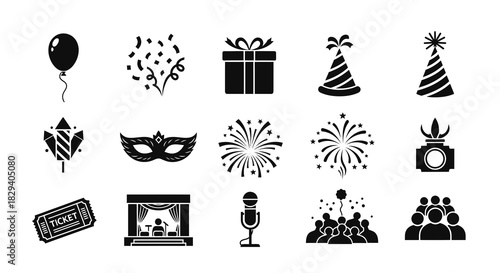 Festive Celebration Event Party Icons Vector Collection for Entertainment and Social Gatherings, Fun Holiday Elements Illustration Set