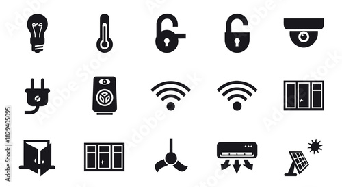 A comprehensive vector glyph icon set for smart home automation, showcasing various connected devices and IoT concepts