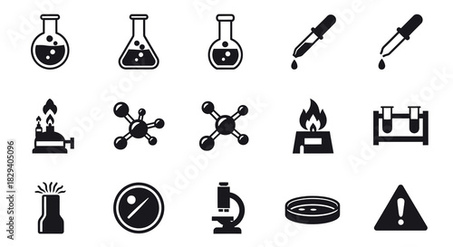 Science Lab Experiment Icons Vector Beakers, Molecules, Microscope, and Hazard Sign