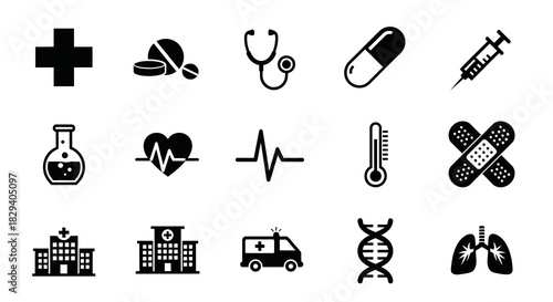 A versatile collection of flat medical and healthcare glyph icons, including hospital, medicine, and science symbols in a vector illustration