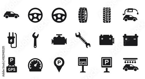 Essential Automotive Services and Vehicle Maintenance Black Vector Icon Collection Featuring Car Repair, Driving, and Transportation Elements