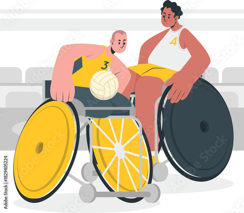 Athletes with disabilities engaged in a dynamic game of wheelchair volleyball, showcasing teamwork and athletic skill in an inclusive sporting event