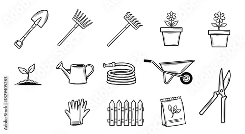 A comprehensive vector set of hand-drawn gardening tools and equipment icons, perfect for illustrating horticulture and landscaping concepts