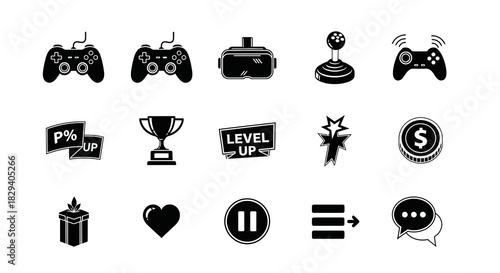 Gaming Icons Vector Controller, VR, Joystick, Level Up, Star, Coin, Gift, Heart, Menu, Chat for web design