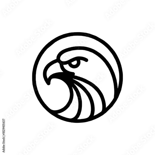 A minimalist black and white line art illustration of an eagle's head in profile, enclosed within a perfect circle, depicting strength and focus.