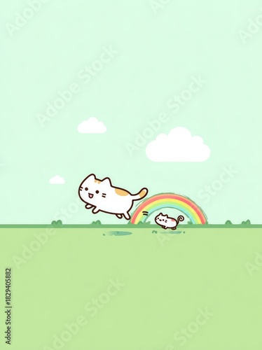 Cute Cat Jumping Over Rainbow in Green Field.
