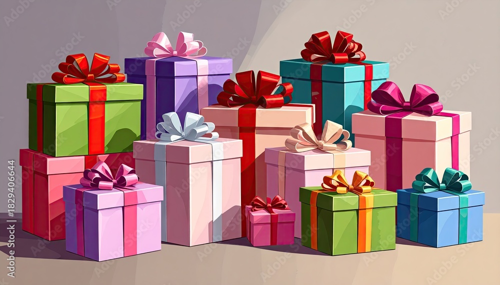 Fototapeta premium A vibrant assortment of colorful gift boxes adorned with festive ribbons and bows.