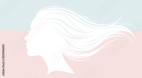 Elegant woman profile silhouette with long flowing hair blowing in the wind for beauty concepts isolated PNG with Transparent Background